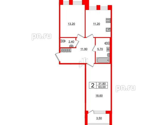 Квартира в ЖК Svetlana Park, 2 комнатная, 63 м², 2 этаж