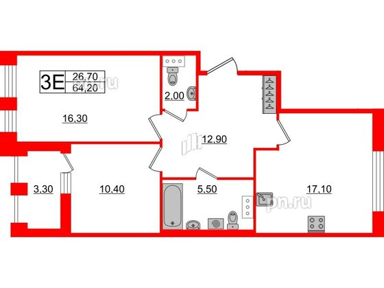 Квартира в ЖК Svetlana Park, 2 комнатная, 64.2 м², 5 этаж