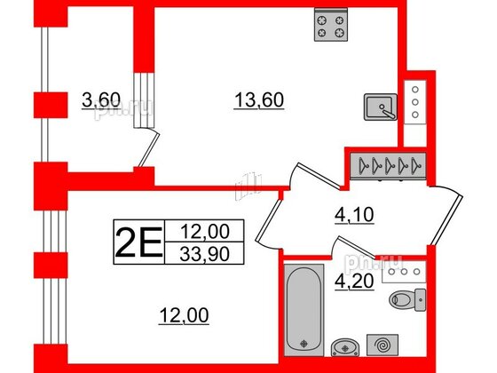 Квартира в ЖК Svetlana Park, 1 комнатная, 33.9 м², 5 этаж