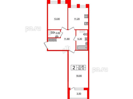 Квартира в ЖК Svetlana Park, 2 комнатная, 62.1 м², 5 этаж