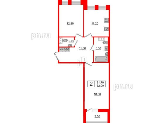 Квартира в ЖК Svetlana Park, 2 комнатная, 62 м², 7 этаж