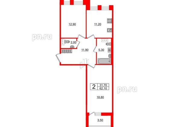 Квартира в ЖК Svetlana Park, 2 комнатная, 62.1 м², 10 этаж