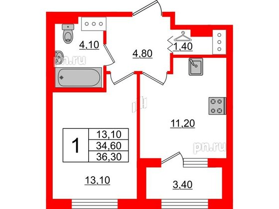 Квартира в ЖК 'Галактика', 1 комнатная, 36.3 м², 13 этаж