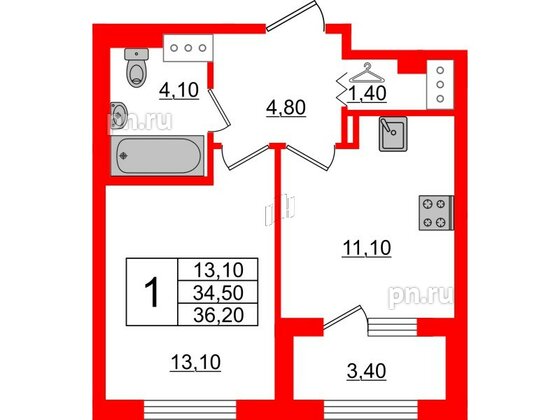 Квартира в ЖК 'Галактика', 1 комнатная, 36.1 м², 18 этаж