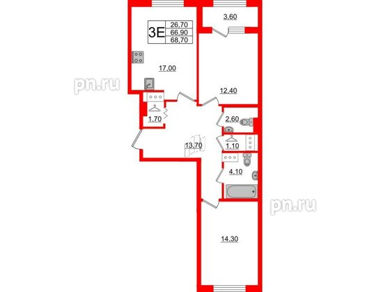 Квартира в ЖК 'Галактика', 2 комнатная, 68.6 м², 6 этаж