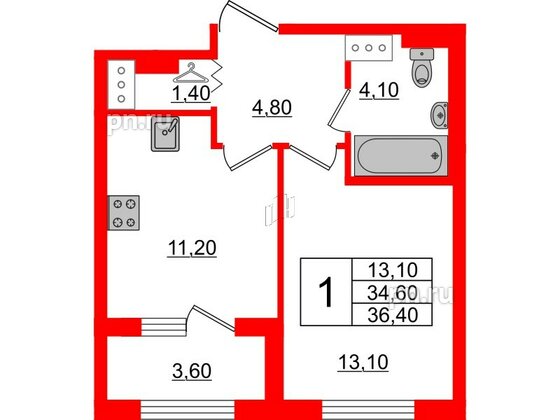 Квартира в ЖК 'Галактика', 1 комнатная, 36.4 м², 16 этаж