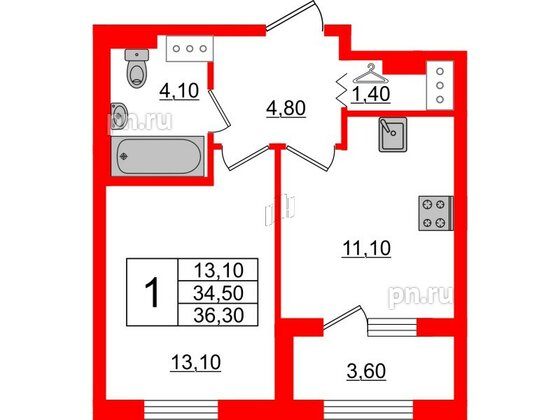 Квартира в ЖК 'Галактика', 1 комнатная, 36.1 м², 18 этаж