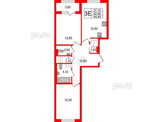 Квартира в ЖК 'Галактика', 2 комнатная, 64.3 м², 4 этаж