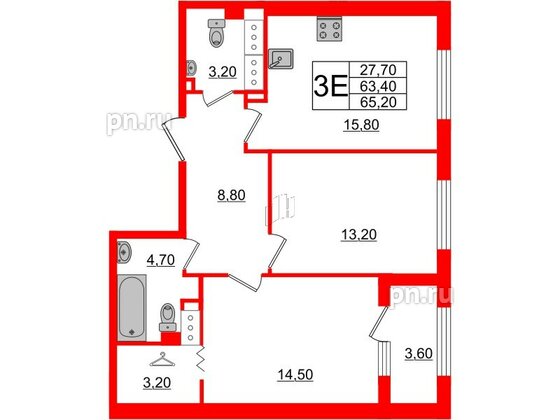 Квартира в ЖК 'Галактика', 2 комнатная, 65.4 м², 18 этаж