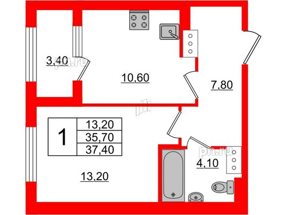 Квартира в ЖК 'Галактика', 1 комнатная, 37.6 м², 11 этаж