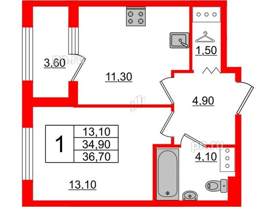 Квартира в ЖК 'Галактика', 1 комнатная, 36.8 м², 7 этаж