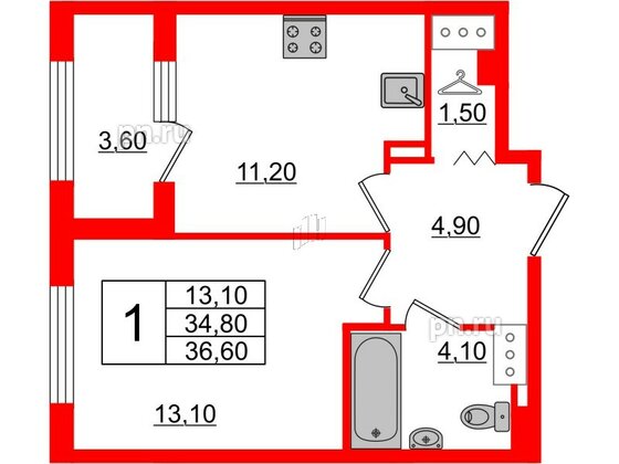 Квартира в ЖК 'Галактика', 1 комнатная, 36.5 м², 18 этаж