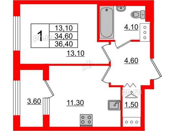 Квартира в ЖК 'Галактика', 1 комнатная, 36.4 м², 14 этаж