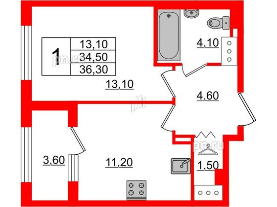 Квартира в ЖК 'Галактика', 1 комнатная, 36.2 м², 18 этаж