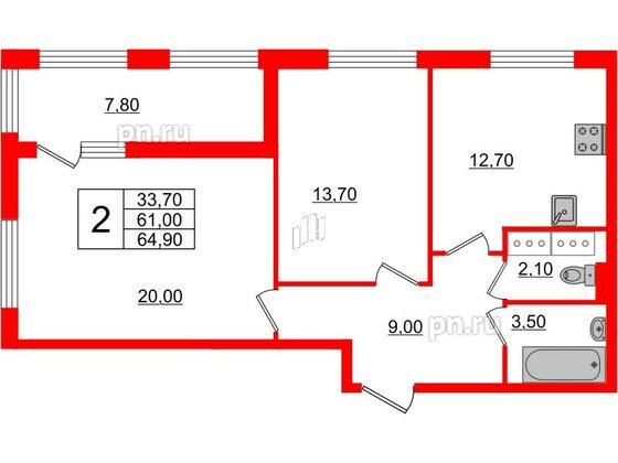 Квартира в ЖК 'Галактика', 2 комнатная, 64.8 м², 7 этаж