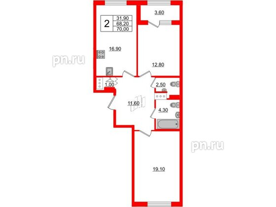 Квартира в ЖК 'Галактика', 2 комнатная, 70 м², 12 этаж