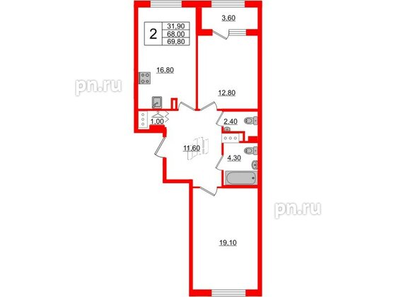 Квартира в ЖК 'Галактика', 2 комнатная, 69.6 м², 18 этаж