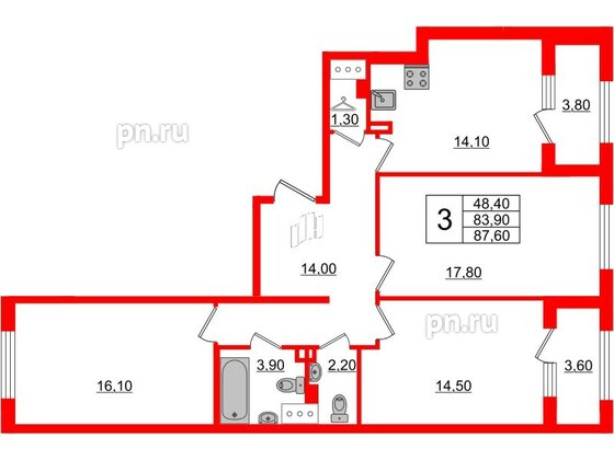 Квартира в ЖК 'Галактика', 3 комнатная, 87.2 м², 18 этаж