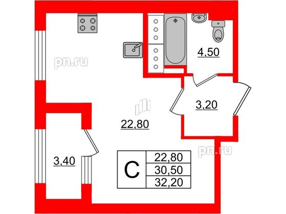 Квартира в ЖК 'Галактика', студия, 31.8 м², 18 этаж