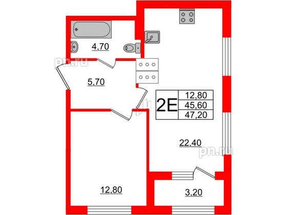 Квартира в ЖК 'Галактика', 1 комнатная, 47.2 м², 6 этаж