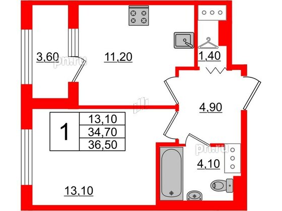 Квартира в ЖК 'Галактика', 1 комнатная, 36.5 м², 6 этаж