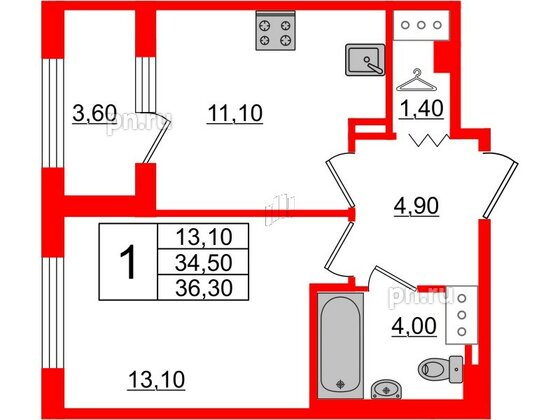 Квартира в ЖК 'Галактика', 1 комнатная, 36.3 м², 18 этаж