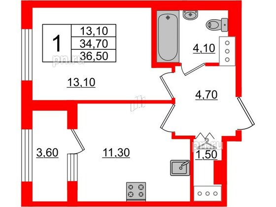 Квартира в ЖК 'Галактика', 1 комнатная, 36.4 м², 4 этаж