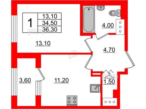 Квартира в ЖК 'Галактика', 1 комнатная, 36.2 м², 18 этаж