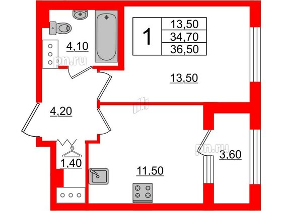 Квартира в ЖК 'Галактика', 1 комнатная, 36.4 м², 12 этаж