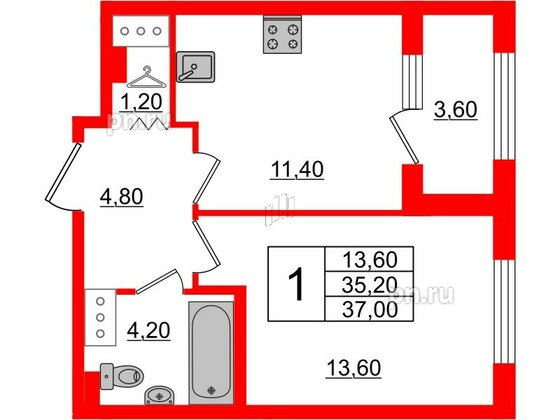 Квартира в ЖК 'Галактика', 1 комнатная, 37 м², 12 этаж