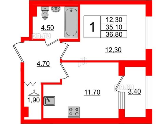 Квартира в ЖК 'Галактика', 1 комнатная, 36.7 м², 2 этаж