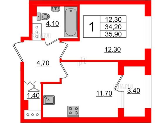 Квартира в ЖК 'Галактика', 1 комнатная, 35.9 м², 4 этаж