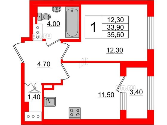 Квартира в ЖК 'Галактика', 1 комнатная, 35.5 м², 14 этаж