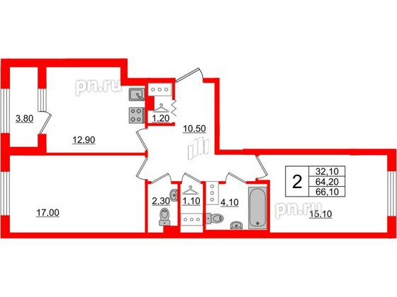 Квартира в ЖК 'Галактика', 2 комнатная, 66 м², 10 этаж