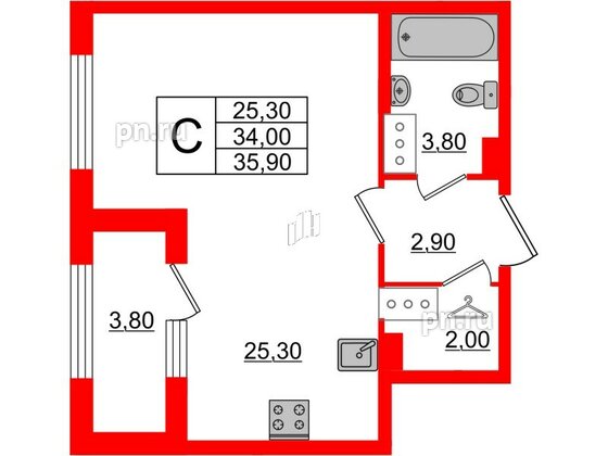 Квартира в ЖК 'Галактика', студия, 35.9 м², 12 этаж