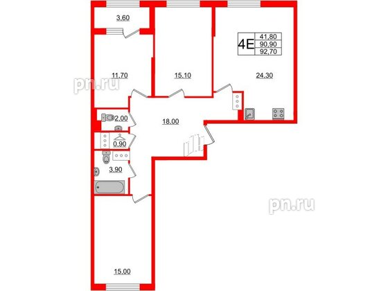 Квартира в ЖК 'Галактика', 3 комнатная, 92.6 м², 12 этаж