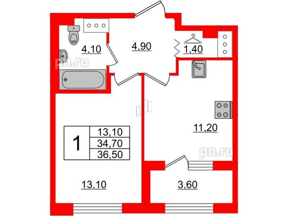 Квартира в ЖК 'Галактика', 1 комнатная, 36.5 м², 11 этаж