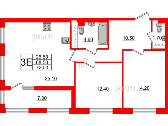 Квартира в ЖК 'Галактика', 2 комнатная, 72 м², 12 этаж