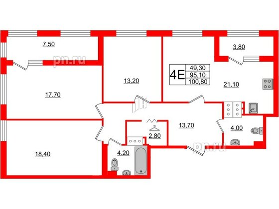 Квартира в ЖК 'Галактика', 3 комнатная, 100.8 м², 14 этаж