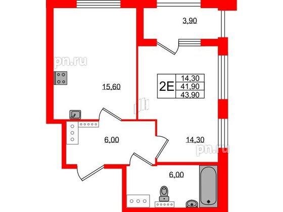 Квартира в ЖК 'Галактика', 1 комнатная, 43.8 м², 4 этаж