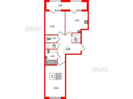 Квартира в ЖК 'Галактика', 2 комнатная, 62.3 м², 16 этаж