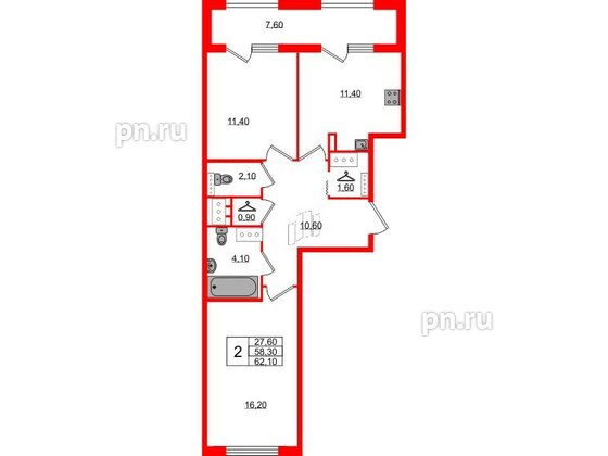 Квартира в ЖК 'Галактика', 2 комнатная, 62 м², 18 этаж