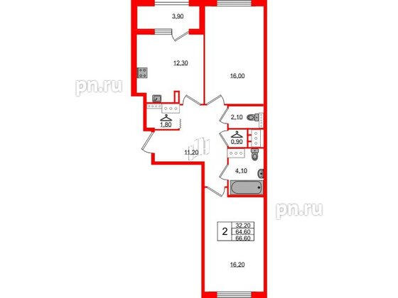 Квартира в ЖК 'Галактика', 2 комнатная, 66.6 м², 18 этаж