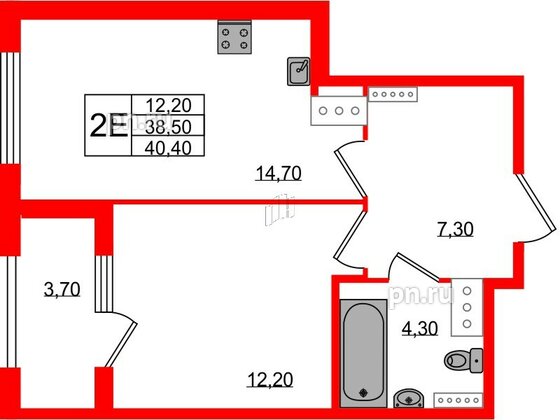 Квартира в ЖК 'Галактика', 1 комнатная, 40.2 м², 7 этаж