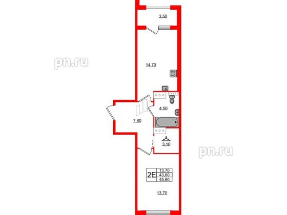 Квартира в ЖК 'Галактика', 1 комнатная, 45.5 м², 11 этаж