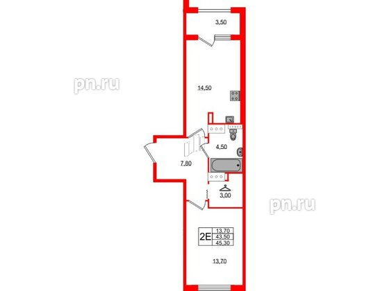 Квартира в ЖК 'Галактика', 1 комнатная, 45.3 м², 18 этаж