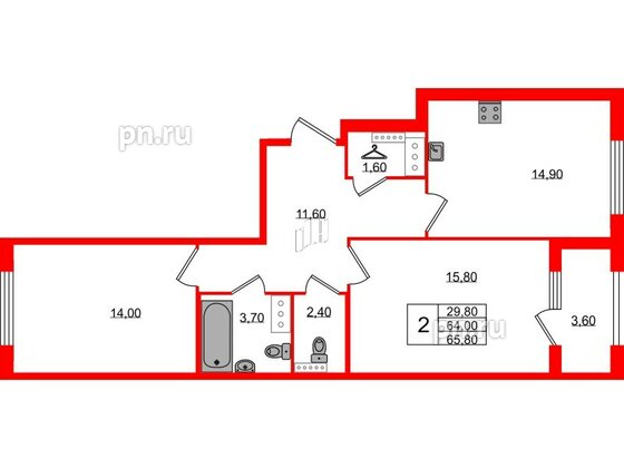 Квартира в ЖК 'Галактика', 2 комнатная, 65.6 м², 7 этаж