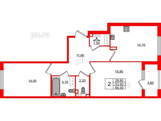 Квартира в ЖК 'Галактика', 2 комнатная, 65 м², 18 этаж