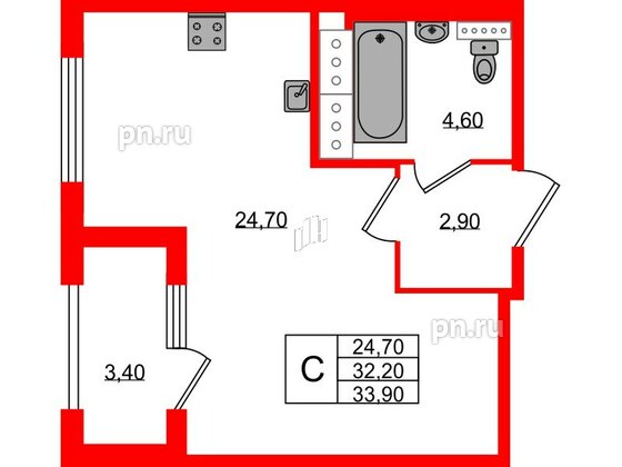 Квартира в ЖК 'Галактика', студия, 33.8 м², 10 этаж