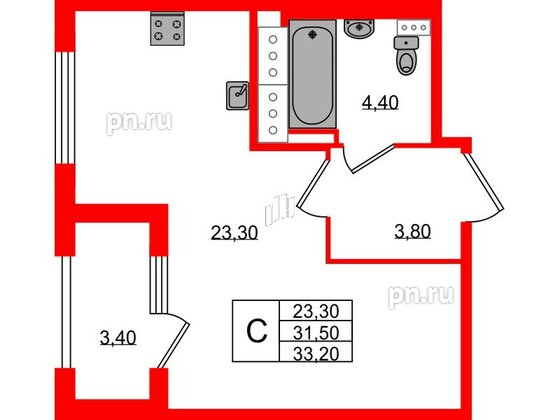 Квартира в ЖК 'Галактика', студия, 33.2 м², 18 этаж